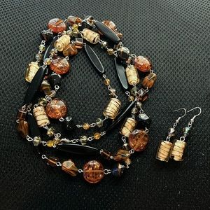 New Brown/Cream/Amber Beads Long Lariat Statement Necklace Earrings Gift Box Set
